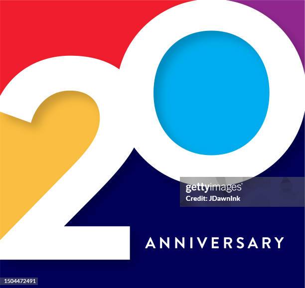 20 year anniversary square label geometric typography design with vibrant colors - number 20 stock illustrations