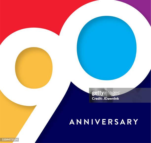 stockillustraties, clipart, cartoons en iconen met 90 year anniversary square label geometric typography design with vibrant colors - getal 90