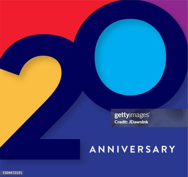ilustraciones, imágenes clip art, dibujos animados e iconos de stock de diseño tipográfico geométrico de etiqueta cuadrada de aniversario con colores vibrantes - 20° aniversario