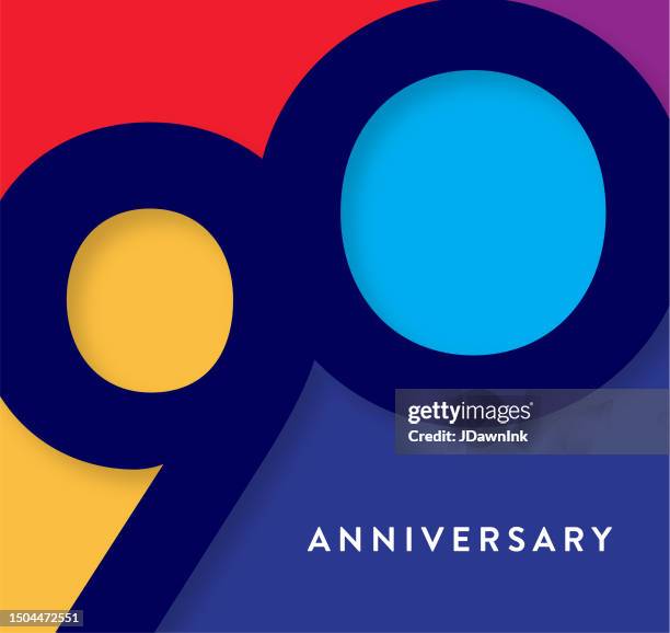 ilustraciones, imágenes clip art, dibujos animados e iconos de stock de diseño de tipografía geométrica de etiqueta cuadrada del 90 aniversario con colores vibrantes - tarjeta de aniversario