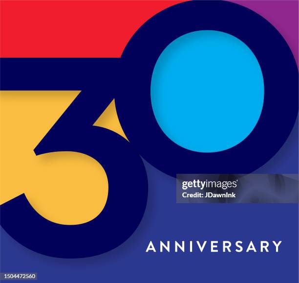 ilustrações, clipart, desenhos animados e ícones de design de tipografia geométrica de etiqueta quadrada de 30 anos com cores vibrantes - número 30