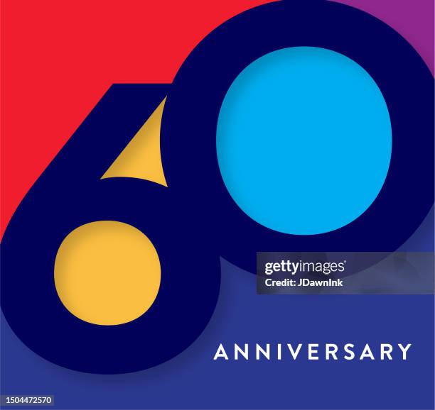 60 year anniversary square label geometric typography design with vibrant colors - 60th anniversary stock illustrations