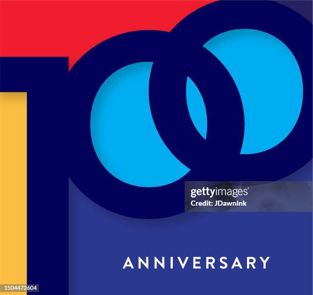 stockillustraties, clipart, cartoons en iconen met 100 year anniversary square label geometric typography design with vibrant colors - 100-jarig-jubileum