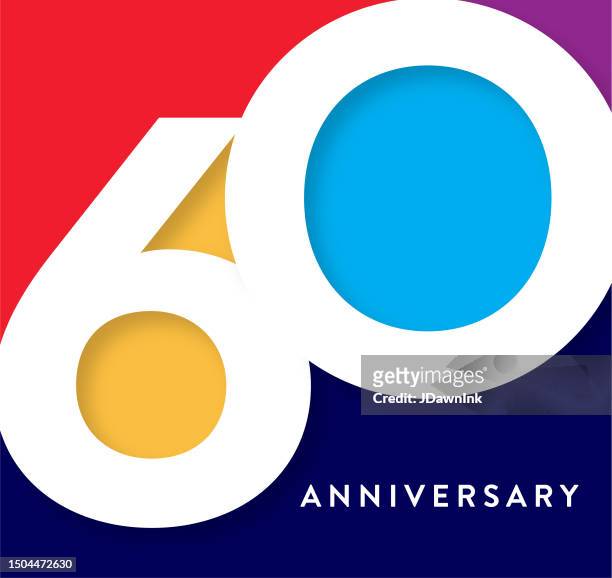 ilustrações de stock, clip art, desenhos animados e ícones de 60 year anniversary square label geometric typography design with vibrant colors - 60 anos