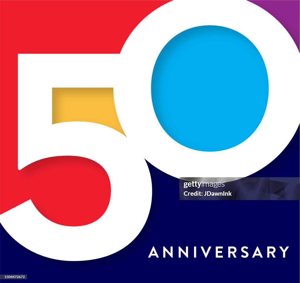 50 Year Anniversary square label geometric typography design with vibrant colors