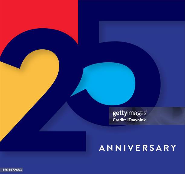 illustrazioni stock, clip art, cartoni animati e icone di tendenza di design tipografico geometrico con etichetta quadrata del 25° anniversario con colori vivaci - 25th anniversary