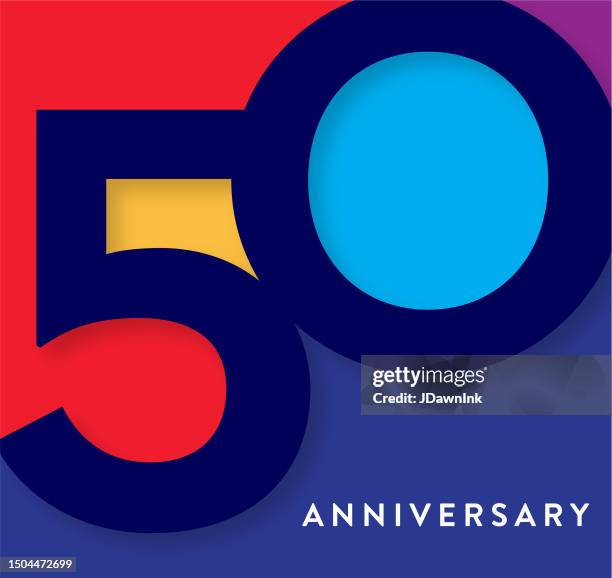 ilustrações, clipart, desenhos animados e ícones de design de tipografia geométrica de etiqueta quadrada de 50 anos com cores vibrantes - número 50