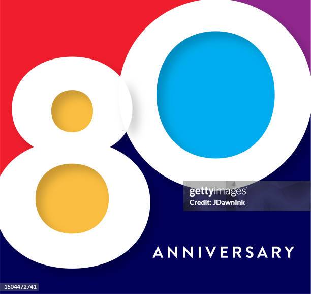 stockillustraties, clipart, cartoons en iconen met 80 year anniversary square label geometric typography design with vibrant colors - getal 80