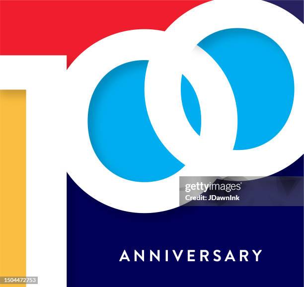 100 year anniversary square label geometric typography design with vibrant colors - centennial stock illustrations