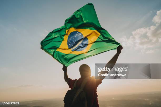 man holding the flag of brazil - brazilië stockfoto's en -beelden