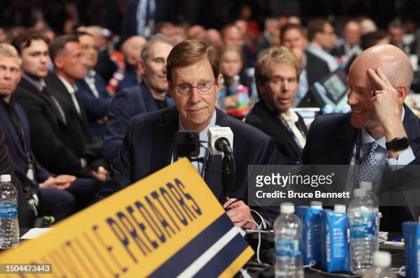 General Manager David Poile of the Nashville Predators makes the 218th pick , the last of his career,during the 2023 Upper Deck NHL Draft at...