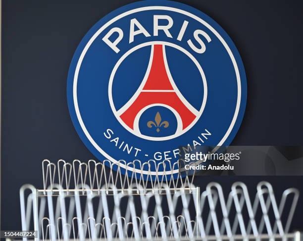 Logo of the French soccer club Paris St-Germain is seen during the media presentation day at the PSG Campus in Poissy, west of Paris, France on July...