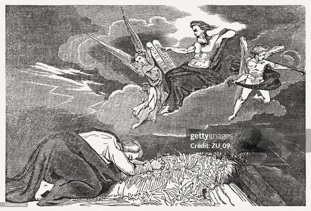 Mose sieht Gottes Herrlichkeit (Exodus 34), Holzstich, erschienen 1835