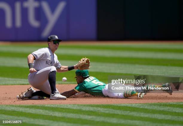 Tony Kemp of the Oakland Athletics steals second base as Anthony Volpe of the New York Yankees can't handle the throw that goes into left field in...