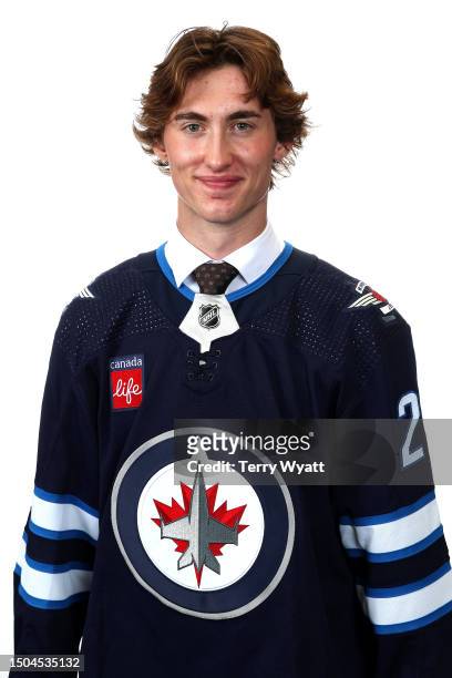 Zach Nehring, 82nd overall pick by the Winnipeg Jets, poses for a portrait after being drafted in the 2023 Upper Deck NHL Draft at Bridgestone Arena...