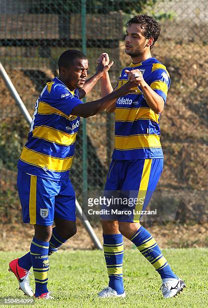 Dorlan Pabon of Parma FC celebrates his goal with team-mates Marco Parolo during the pre-season friendly match between Parma FC and Panionios G.S..S...