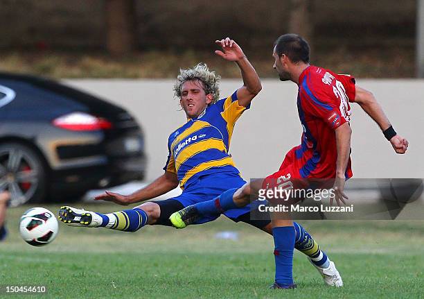 Ignacio Fideleff of FC Parma competes for the ball with Fanourios Goundoulakis of Panionios G.S..S during the pre-season friendly match between Parma...