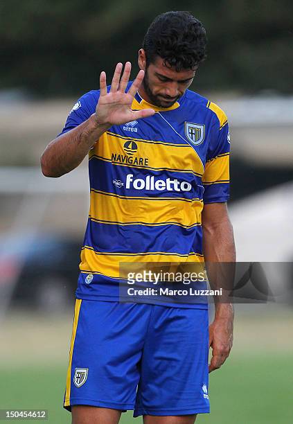 Graziano Pelle' of FC Parma gestures during the pre-season friendly match between Parma FC and Panionios G.S..S at Stadio di Orzinuovi on August 18,...