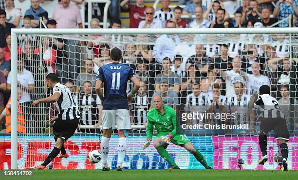 Hatem Ben Arfa of Newcastle United scores his team's second goal, from a penalty kick, during the Barclays Premier League match between Newcastle...