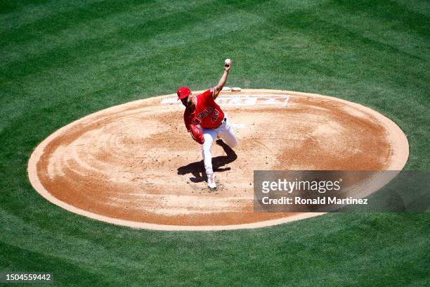 Patrick Sandoval of the Los Angeles Angels throws against the Chicago White Sox in the first inning at Angel Stadium of Anaheim on June 29, 2023 in...