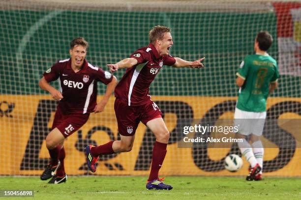 Lars Bender of Offenbach celebrates his team's second goal during the first round match of the DFB Cup between Offenbacher Kickers and Greuther Fürth...