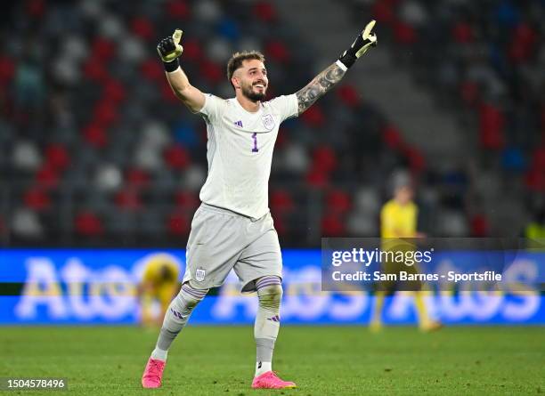 Spain goalkeeper Arnau Tenas celebrates his side's fourth goal during the UEFA Under-21 EURO 2023 Semi-Final match between Spain and Ukraine at the...