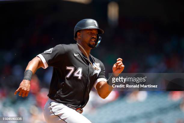Eloy Jimenez of the Chicago White Sox runs against the Los Angeles Angels in the third inning at Angel Stadium of Anaheim on June 29, 2023 in...