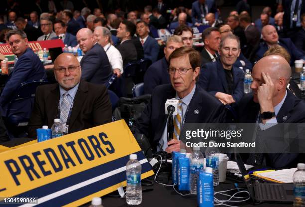 General manager David Poile of the Nashville Predators makes his last pick of his career next to Barry Trotz in the 2023 Upper Deck NHL Draft -...