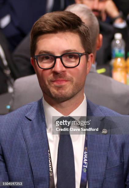 President of hockey operations for the Pittsburgh Penguins, Kyle Dubas is seen during the 2023 Upper Deck NHL Draft - Rounds 2-7 at Bridgestone Arena...