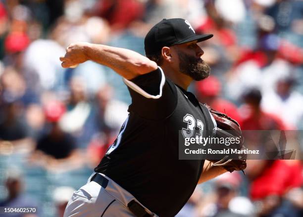 Lance Lynn of the Chicago White Sox throws against the Los Angeles Angels in the third inning at Angel Stadium of Anaheim on June 29, 2023 in...