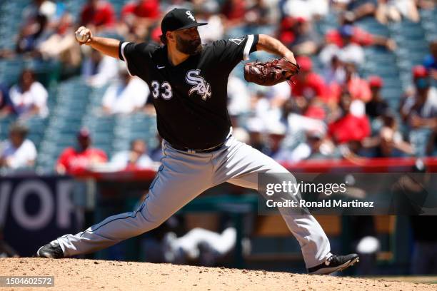 Lance Lynn of the Chicago White Sox throws against the Los Angeles Angels in the third inning at Angel Stadium of Anaheim on June 29, 2023 in...