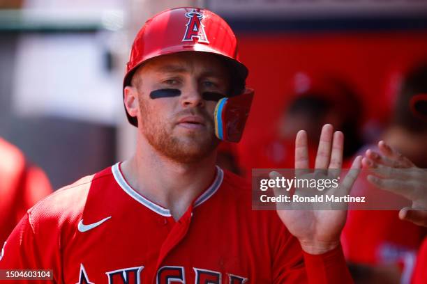 Brandon Drury of the Los Angeles Angels celebrates a run against the Chicago White Sox in the third inning at Angel Stadium of Anaheim on June 29,...