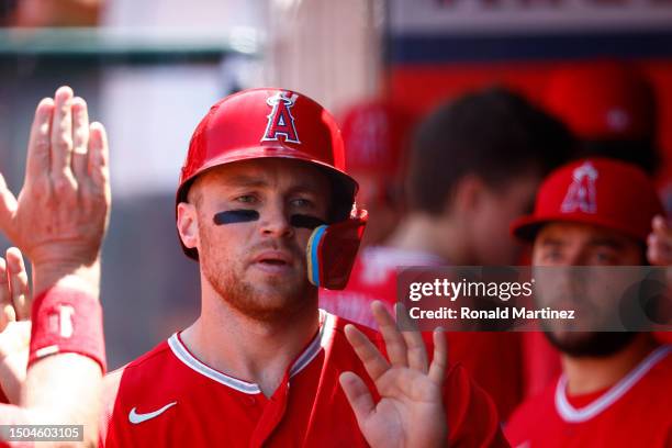 Brandon Drury of the Los Angeles Angels celebrates a run against the Chicago White Sox in the third inning at Angel Stadium of Anaheim on June 29,...