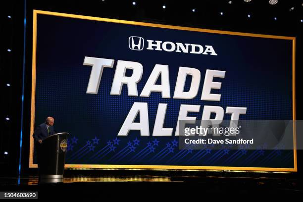 Deputy commissioner and chief legal officer of the NHL Bill Daly speaks at the podium during the 2023 Upper Deck NHL Draft - Rounds 2-7 at...