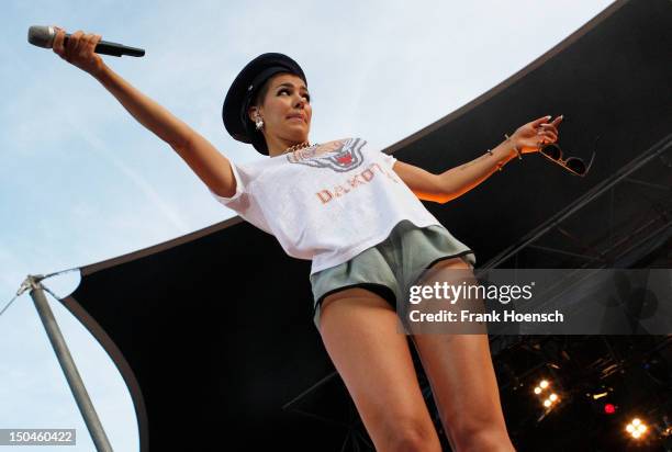 Singer Alina Sueggeler of the German band Frida Gold performs live during the rs2 Summer Festival at Wuhlheide on August 18, 2012 in Berlin, Germany.