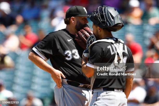 Lance Lynn and Seby Zavala of the Chicago White Sox during play against the Los Angeles Angels in the fourth inning at Angel Stadium of Anaheim on...