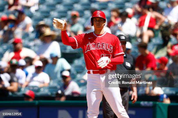 Shohei Ohtani of the Los Angeles Angels after intentionally walked against the Chicago White Sox in the fourth inning at Angel Stadium of Anaheim on...