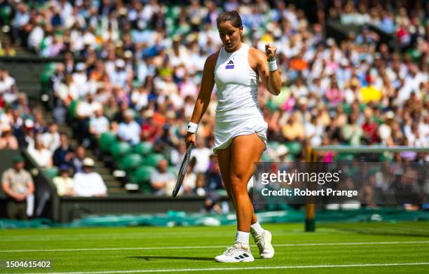 Jodie Burrage of Great Britain in action against Daria Kasatkina in the second round during Day Three of The Championships Wimbledon 2023 at All...