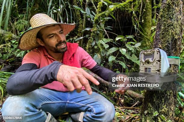 Coffee farmer Julian Pinilla shows a trap camera during an interview with AFP in Valle del Cauca, Colombia on June 22, 2023. In a coffee-growing...