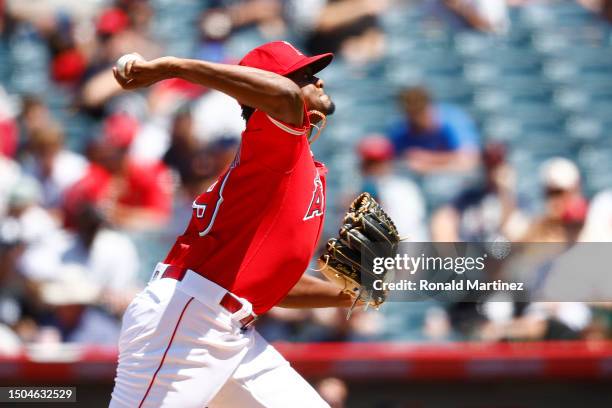 Jose Soriano of the Los Angeles Angels throws against the Chicago White Sox in the sixth inning at Angel Stadium of Anaheim on June 29, 2023 in...