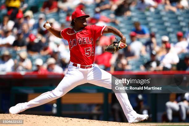 Jose Soriano of the Los Angeles Angels throws against the Chicago White Sox in the sixth inning at Angel Stadium of Anaheim on June 29, 2023 in...