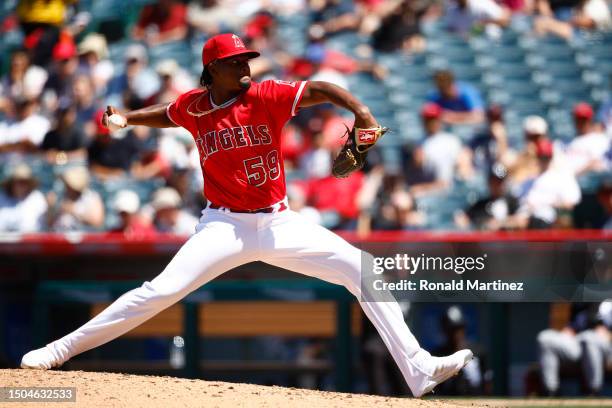 Jose Soriano of the Los Angeles Angels throws against the Chicago White Sox in the sixth inning at Angel Stadium of Anaheim on June 29, 2023 in...