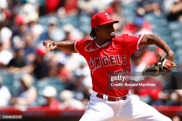 Jose Soriano of the Los Angeles Angels throws against the Chicago White Sox in the sixth inning at Angel Stadium of Anaheim on June 29, 2023 in...