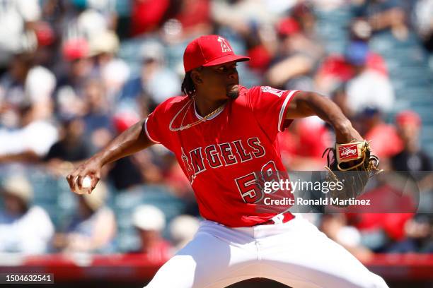 Jose Soriano of the Los Angeles Angels throws against the Chicago White Sox in the sixth inning at Angel Stadium of Anaheim on June 29, 2023 in...