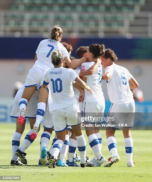 Elena Linari of Italy celebrates scoring the first goal during the FIFA U-20 Women's World Cup Japan 2012, Group B match between Brazil v Italy at...