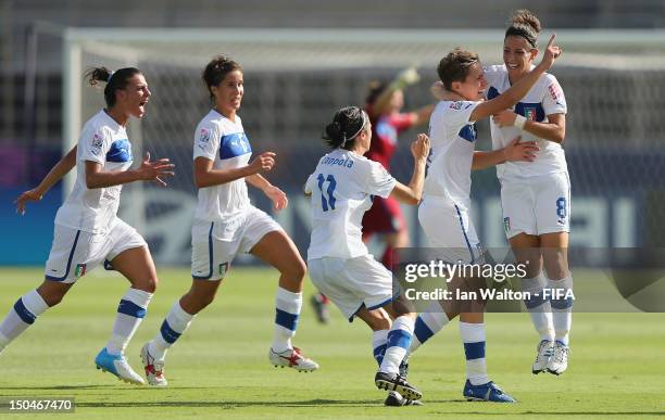 Elena Linari of Italy celebrates scoring the first goal during the FIFA U-20 Women's World Cup Japan 2012, Group B match between Brazil v Italy at...