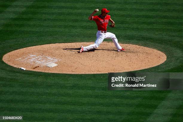 Jacob Webb of the Los Angeles Angels throws against the Chicago White Sox in the ninth inning at Angel Stadium of Anaheim on June 29, 2023 in...