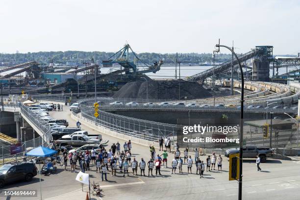 Picket line at the Neptune Terminal at the Port of Vancouver during a dockworkers strike in Vancouver, British Columbia, Canada, on Wednesday, July...