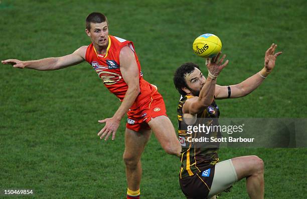 Jordan Lewis of the Hawks competes for the ball during the round 21 AFL match between the Hawthorn Hawks and the Gold Coast Suns at the Melbourne...