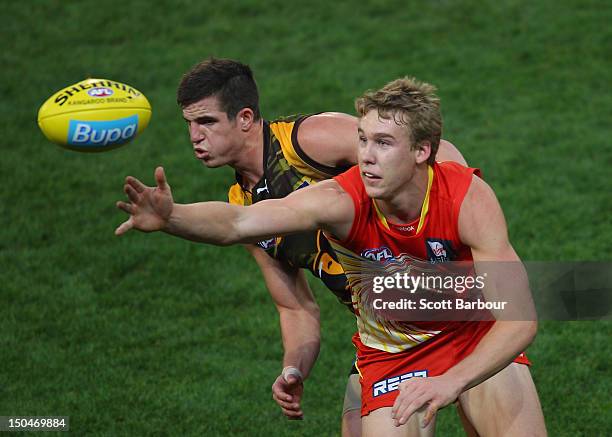 Tom Lynch of the Suns competes for the ball during the round 21 AFL match between the Hawthorn Hawks and the Gold Coast Suns at the Melbourne Cricket...